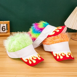 Funny wig visor hats with red flame embroidery in green, rainbow, and orange colors