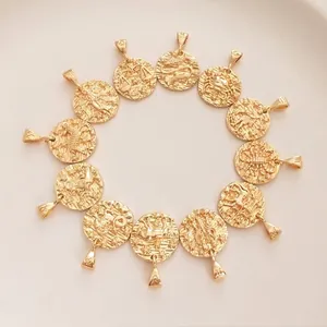 14K Gold Plated Copper Zodiac Constellation Round Coin Pendants Embossed Relief Charms For DIY Jewelry Making Vintage