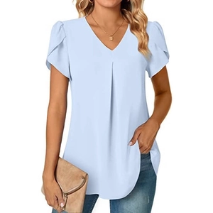 Light blue V-neck chiffon shirt with ruffle petal sleeves and front pleated detail