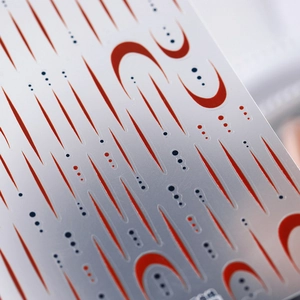 5D stereoscopic nail stickers with red geometric lines and black polka dots for nail art