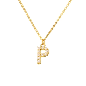 Detailed view of a gold pendant necklace featuring the letter P with pearl inlay