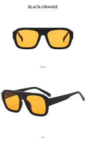 Detail view of black frame aviator sunglasses with orange lenses from front and side angles