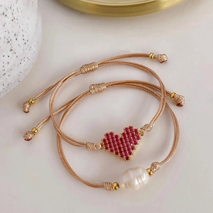 French Style Natural Freshwater Pearl Woven Rope Bracelet Adjustable Gold Plated Copper Heart Rhinestone Inlaid Bracelet Women