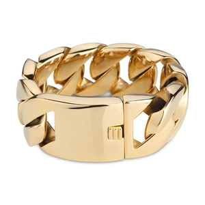 Polished 32mm wide bold gold stainless steel Cuban chain bracelet for men with square clasp
