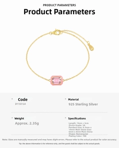 Detailed specs of 925 silver bracelet featuring pink 5A zircon and 18K gold plating