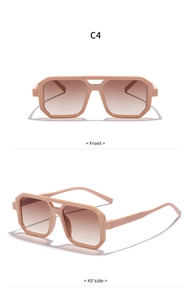 Front and 45-degree side views of square beige double-bridge sunglasses with gradient lenses