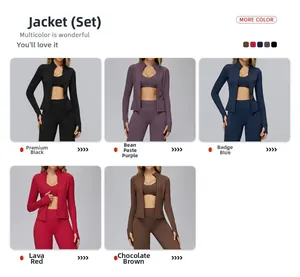 Three-piece yoga set showing zip-up jacket, sports bra, and high-waist leggings in five colors