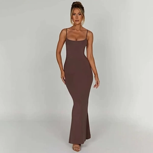 Slim fit brown backless maxi dress with adjustable spaghetti straps and smooth fabric