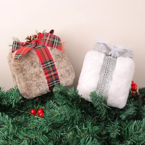 Plush Christmas gift box ornaments with brown plaid and silver white faux fur textures