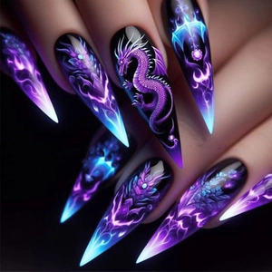 Glow-in-the-dark stiletto press-on nails with purple dragon and blue abstract patterns