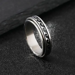 Stainless Steel Spinner Ring Wave Pattern Stress Relief Anxiety Band Fashion Jewelry For Men And Women