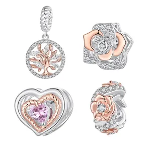 925 Sterling Silver Tree Of Life Rose Flower Heart Beads Charms With Zirconia Two Tone Plated For DIY Bracelet Jewelry Making