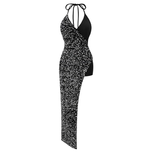Sexy backless halter maxi dress featuring silver sequins and asymmetrical hem patchwork