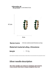 Detail view of emerald rhinestone hoop earrings with 925 silver needles and dimensions