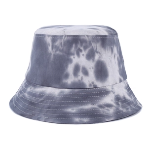 Gray tie-dye bucket hat with cloud patterns and reinforced stitching for street style