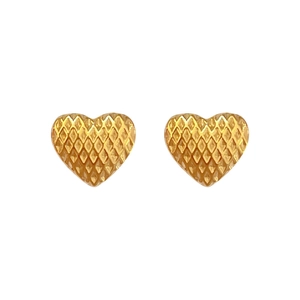 Titanium steel gold heart stud earrings with minimalist checkered texture pattern