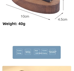 Macro detail of walnut wood ring display stand with dimensions 10cm x 4.5cm
