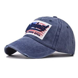 Distressed dark blue cotton baseball cap with New Yorker Style embroidery