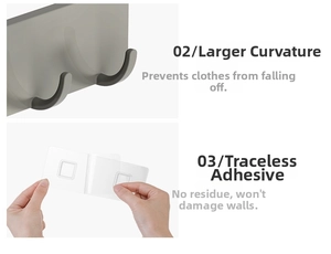 Detailed view of the anti-slip curved hook and strong traceless adhesive backing on the wall rack