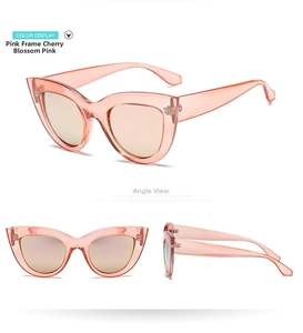 Three angles of pink translucent cat eye sunglasses with light pink polarized lenses