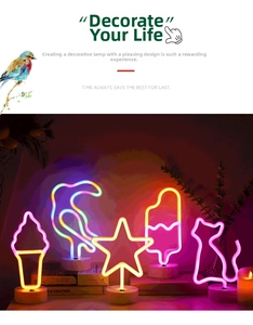 Collection of neon LED mood lights featuring flamingo and ice cream shapes on white bases