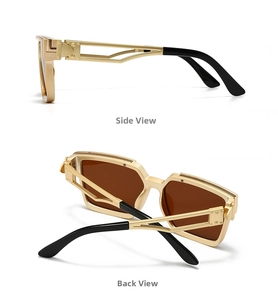 Detail view of gold metal sunglasses frame showing side and back hollow geometric temples