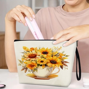 Sunflower Print Cosmetic Bag Cotton Linen Waterproof Zipper Makeup Pouch With Wristlet Portable Travel Organizer For Women