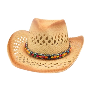 Western Straw Cowboy Hat Hollow Breathable Wide Brim Sun Protection Colorful Beads Bohemian Style For Summer Beach Travel