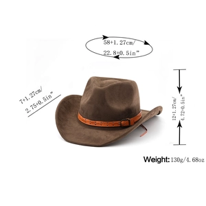 Detailed sizing chart of the brown faux suede cowboy hat with ornate leather band