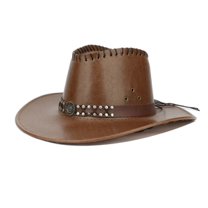 Brauner Vintage Westernhut aus Kunstleder mit Ziernaht, Nieten und Quastendetails