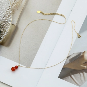 Natural red agate double bead pendant on golden stainless steel link chain necklace