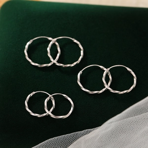 Three sizes of S925 sterling silver hoop earrings with twisted rope texture design