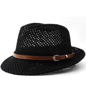 Classic black woven fedora hat with breathable mesh pattern and brown leather buckle band