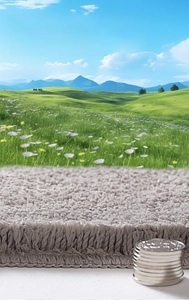 Thick grey bathroom mat detail showing high-density plush fiber and 10 coins height