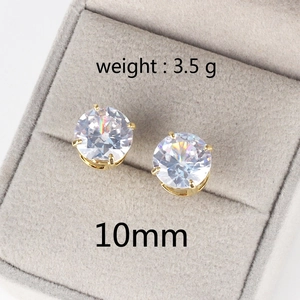 Detail of 10mm round cubic zirconia stud earrings in gold setting with 3.5g weight info