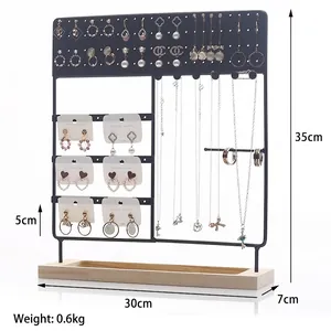 Large capacity jewelry organizer with black metal hooks and solid wood base 35x30cm