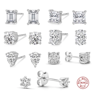 Geometric Square Round Zirconia Stud Earrings With 925 Sterling Silver Earring Post Dainty Sparkling Jewelry For Women