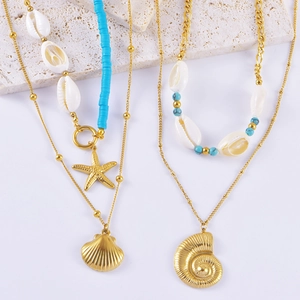 Summer Ocean Style Layered Necklace Gold Plated Titanium Steel Natural Shell Starfish Conch Pendant Beach Jewelry For Women