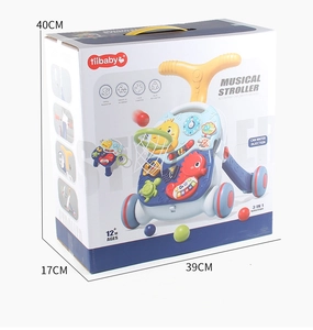 Detailed dimensions of 3-in-1 musical baby walker packaging with functional early education features