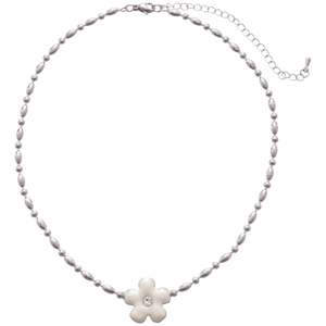 Silver beaded chain necklace with white enamel flower pendant and sparkling diamonds