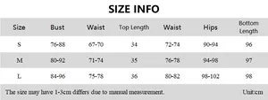 Detailed size chart for women's halter top and skirt set showing bust and waist measurements