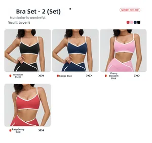 Detail showing elastic sports bra and leggings with contrast piping and crossover waist