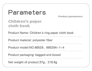 Detailed specifications for tear-resistant baby cloth book set with crinkle paper details