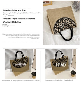 Detailed size specifications for a linen ethnic tote bag showing height and width