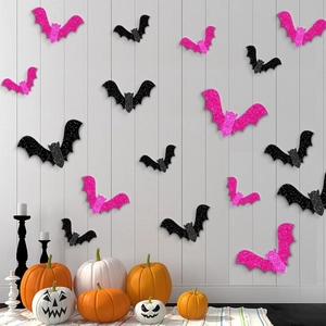 Stickers muraux chauve-souris 3D pailletés noir et rose pour décoration Halloween