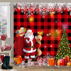 Detail view of polyester shower curtain with Santa Claus and red buffalo plaid pattern