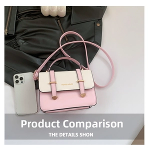 Close-up of pink and white crossbody square bag with golden hardware and top handle