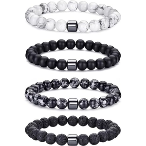 Set of four 8mm natural stone bracelets with white pine, lava, and matte black beads