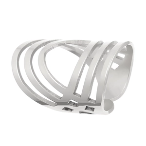 Close-up of a silver geometric hollow ring featuring a modern multi-layer parallel band design