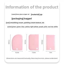 Three-piece pink plastic dough scraper set with precise dimensions and various edges